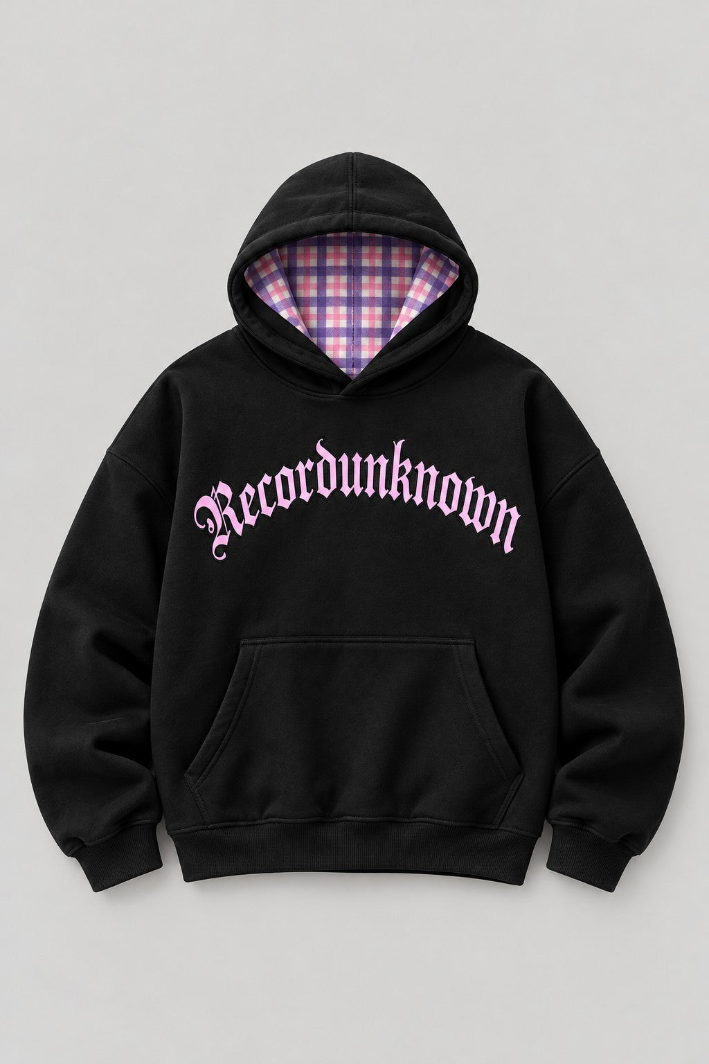 Recordunknown black hoodie with flannel plaid hood lining, front view