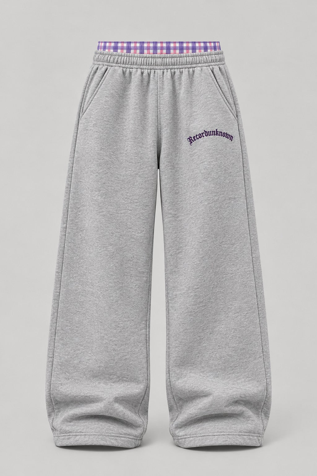 Recordunknown heather grey wide-leg sweatpants with flannel waistband, front view