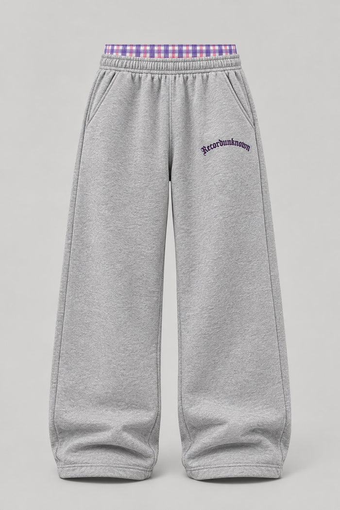 Recordunknown heather grey wide-leg sweatpants with flannel waistband, front view