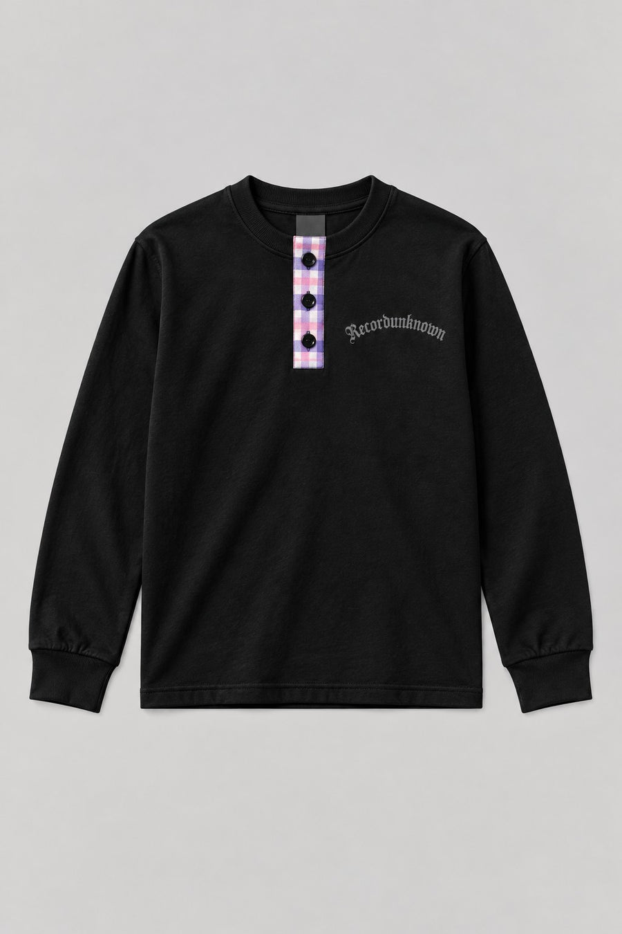 Recordunknown black long-sleeve henley with flannel placket, front view