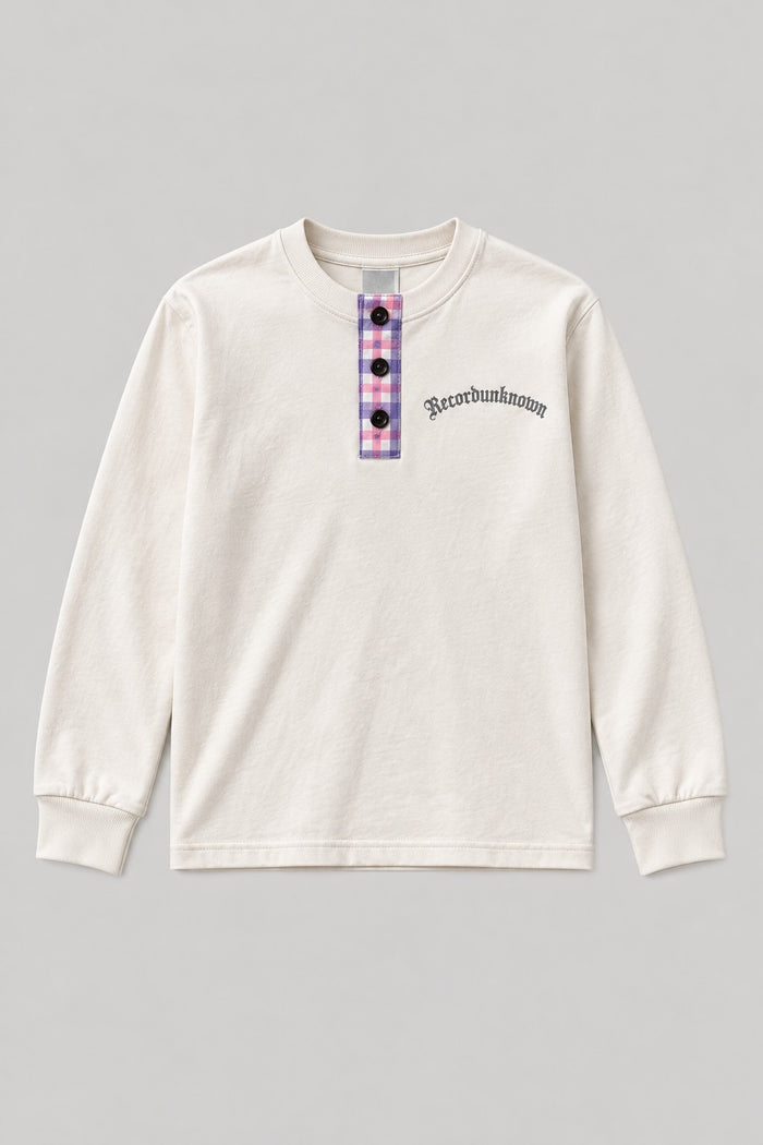 Recordunknown bone long-sleeve henley with flannel placket, front view