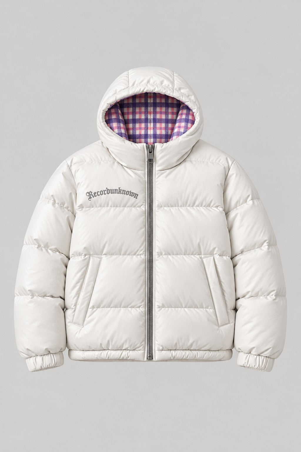 Recordunknown ice white puffer jacket with flannel plaid lining, front view