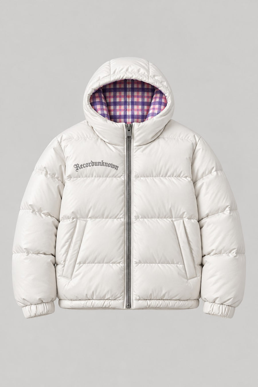 Recordunknown ice white puffer jacket with flannel plaid lining, front view