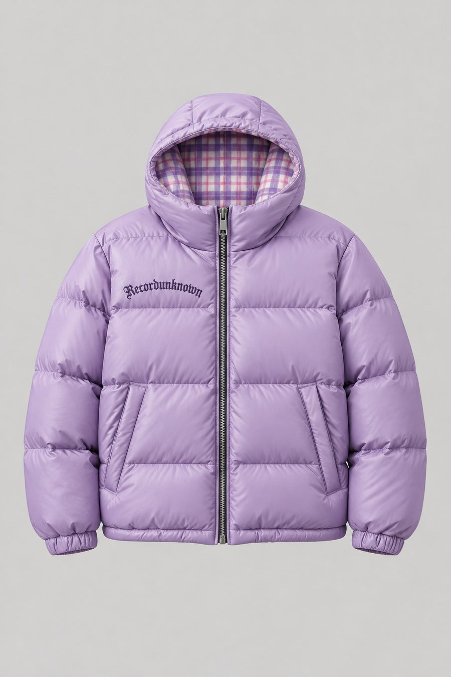 Recordunknown lilac puffer jacket with flannel plaid lining, front view