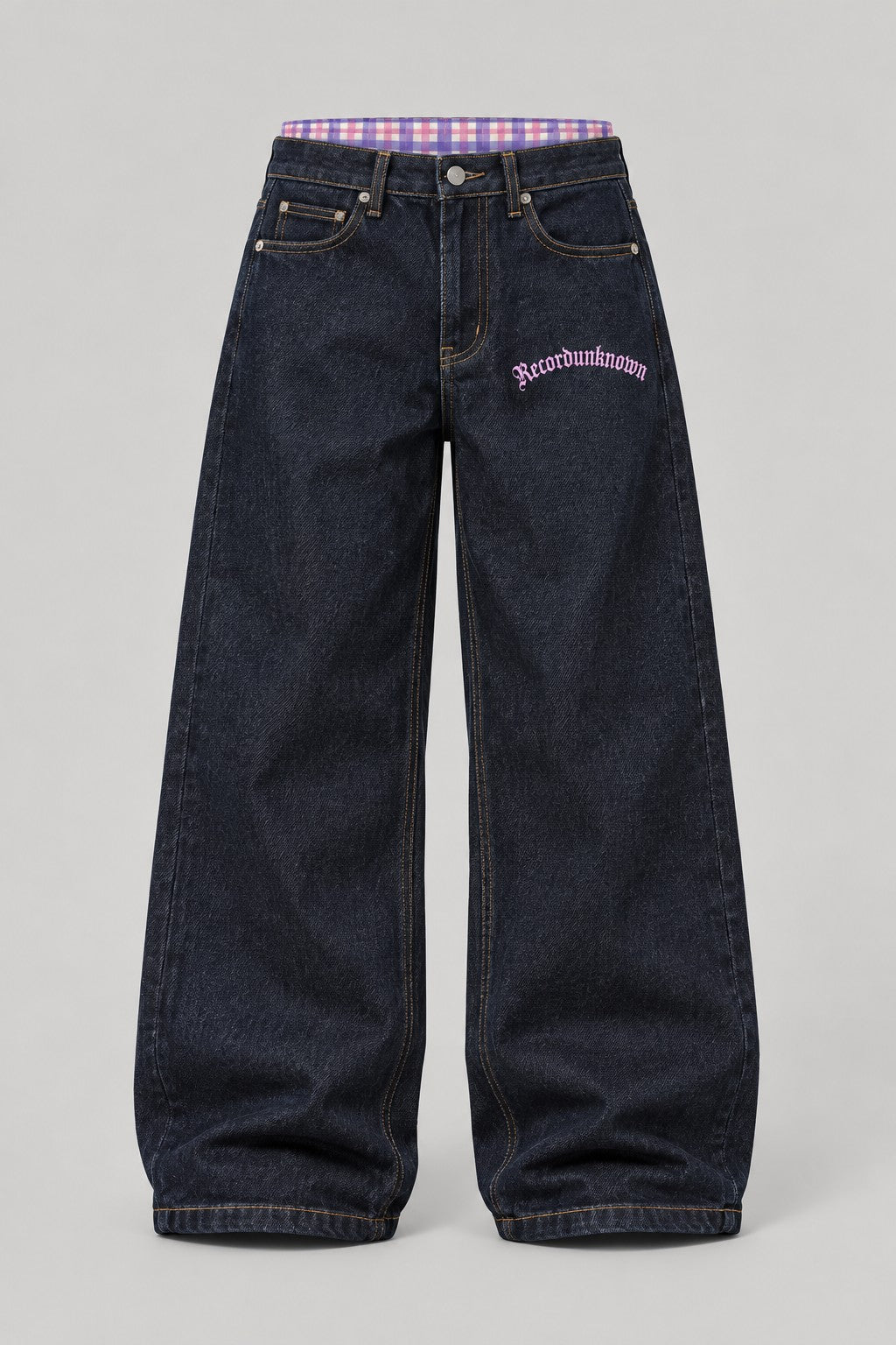 Recordunknown raw indigo wide-leg jeans with flannel waistband trim, front view