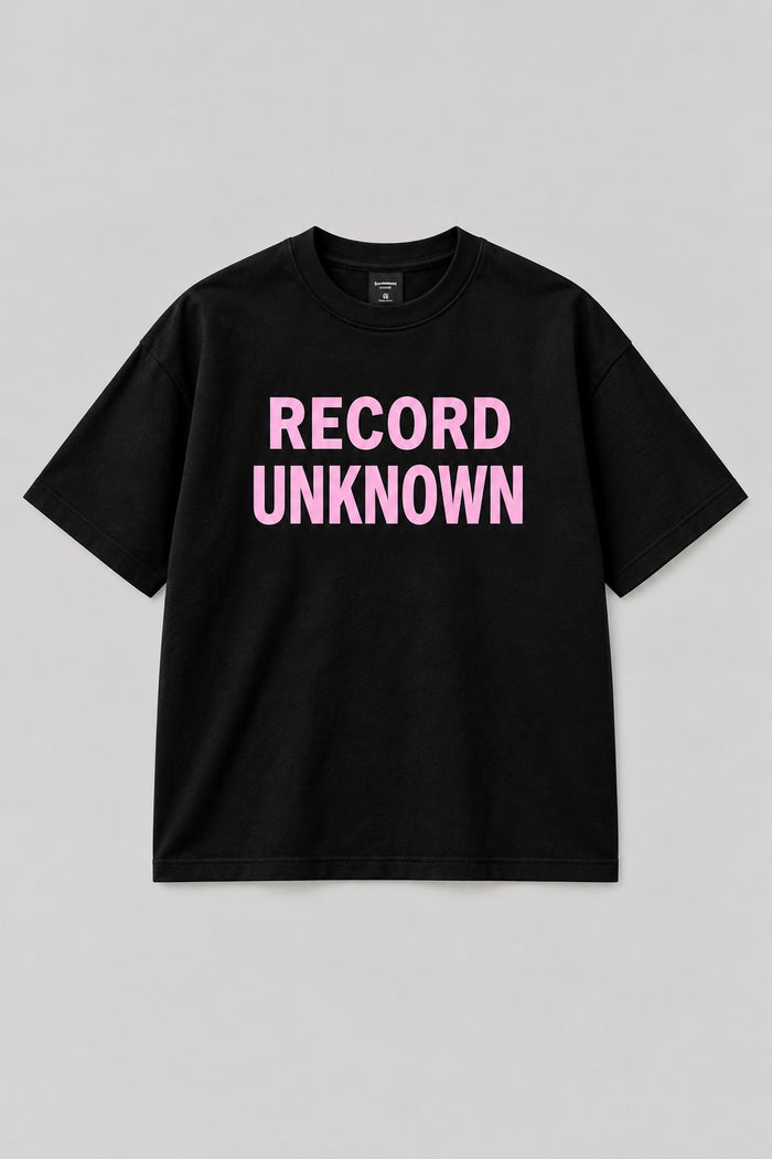 Recordunknown black oversized tee with RECORD UNKNOWN stacked print, front view
