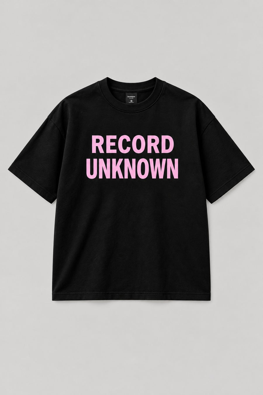 Recordunknown black oversized tee with RECORD UNKNOWN stacked print, front view