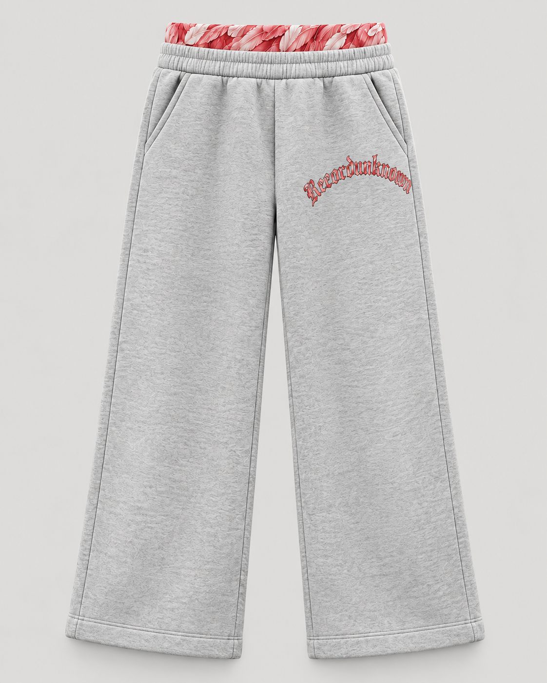 Flamingo Sweatpants Grey with flamingo feather waistband, front